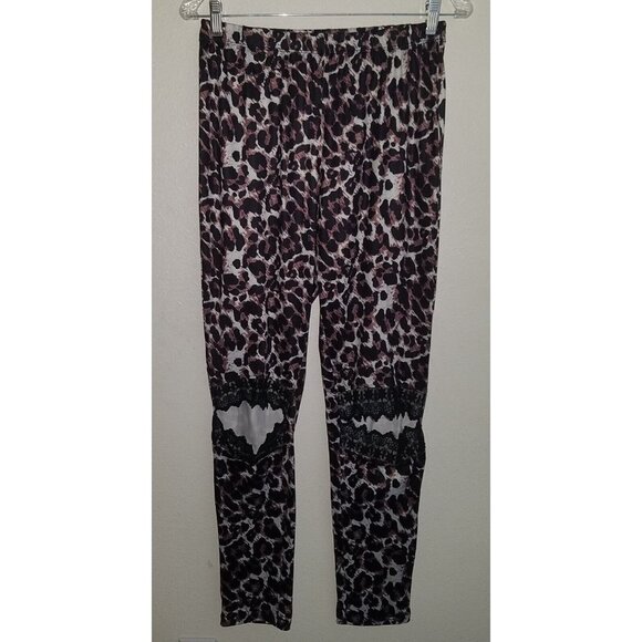 NEW Leopard Print Leggings Lace Knee Cutouts Size Large Cheetah High Rise - Picture 1 of 8